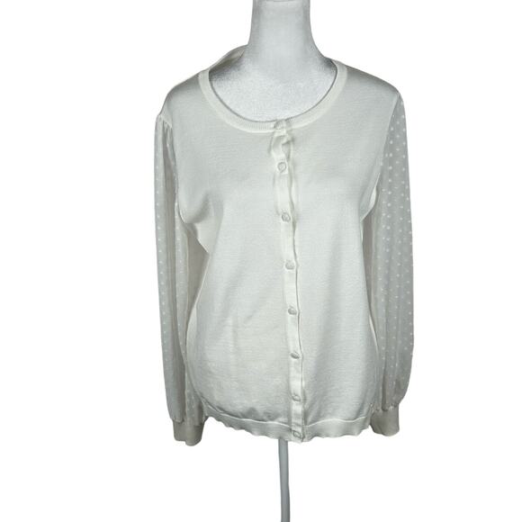 Adrianna Papell White Sheer Long Sleeve Sweater Cardigan Medium Romantic Buttons - Picture 1 of 5